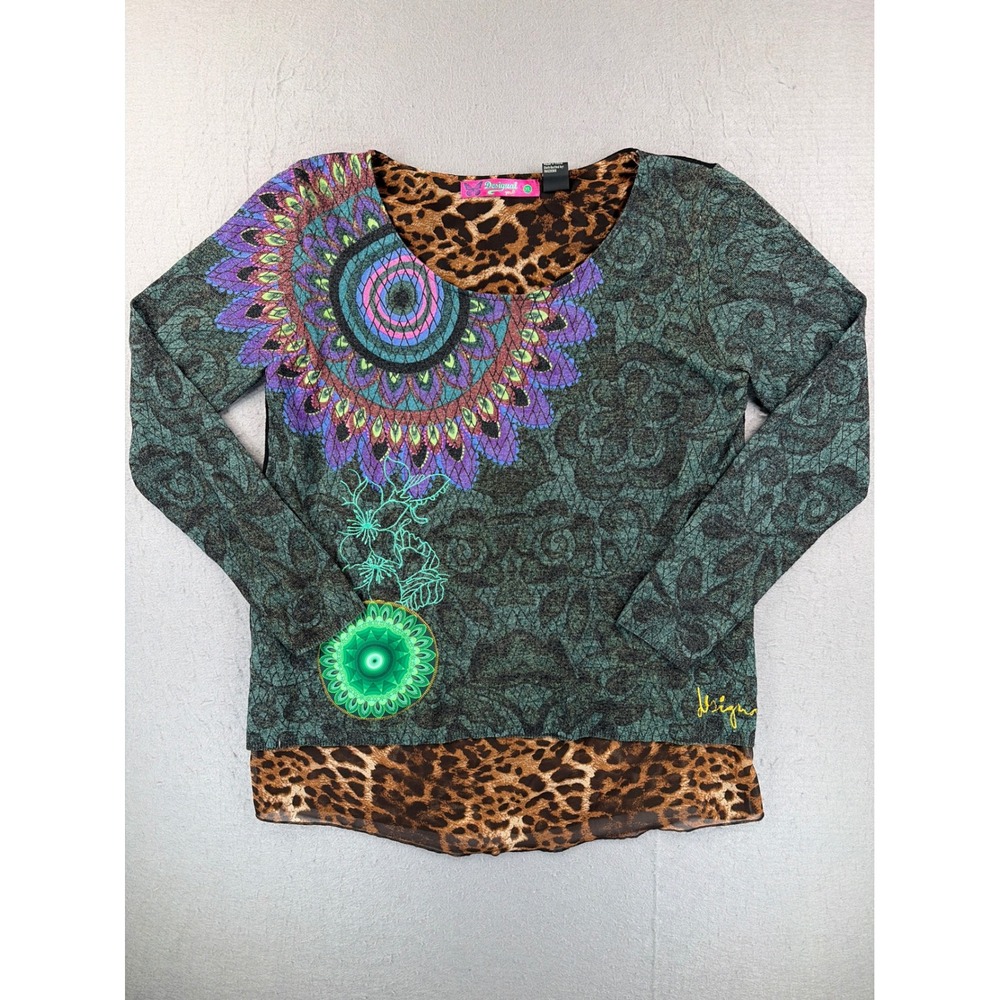 Desigual Mixed Media Mandala Leopard Print Layered Knit Top Green Black XL